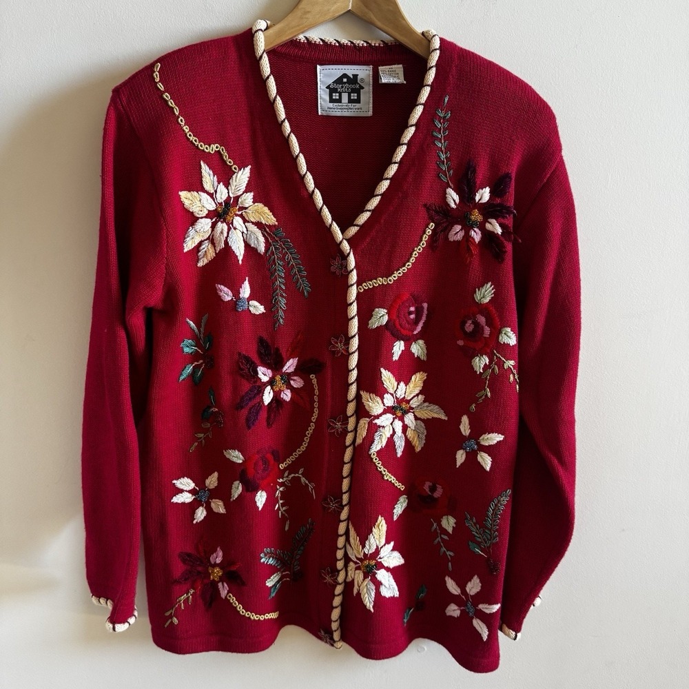 Storybook Knits Red Floral Embroidered Beaded Christmas Cardigan Sweater Medium